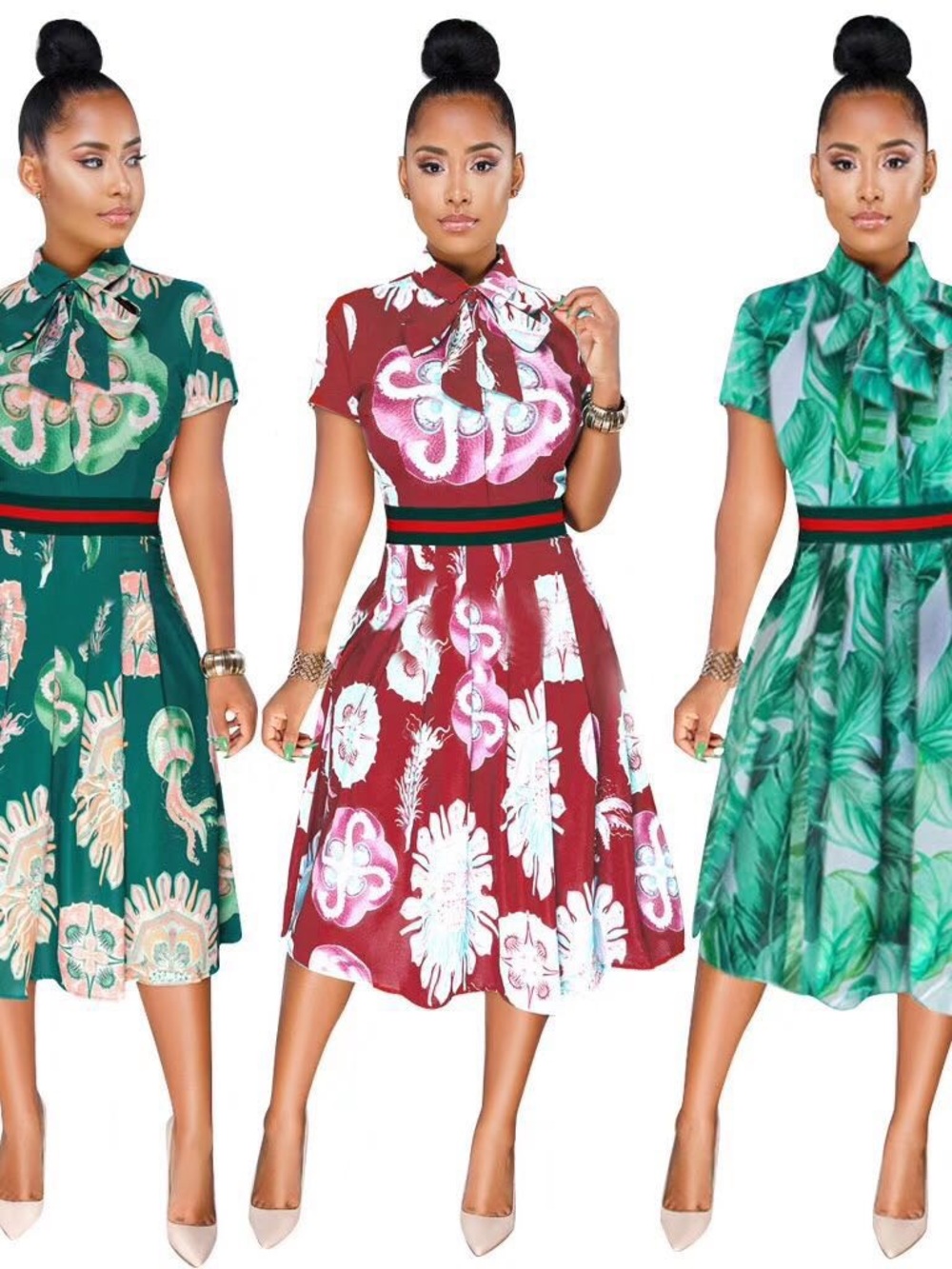 Tie-Neck Floral Midi Dress in Green and Red